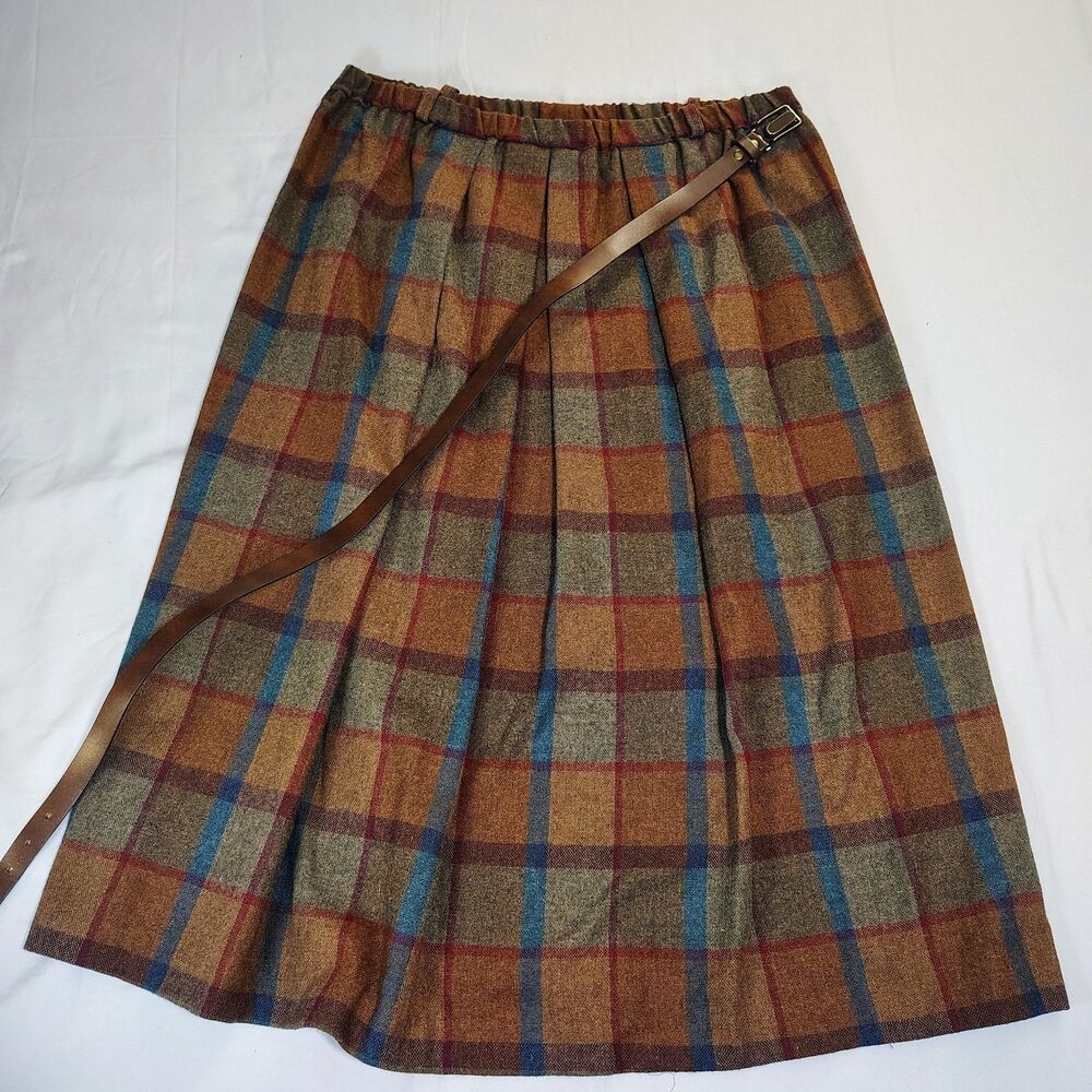Vintage 60s Century of Boston Pleated Plaid Long Skirt Brown Blue Red Size 16